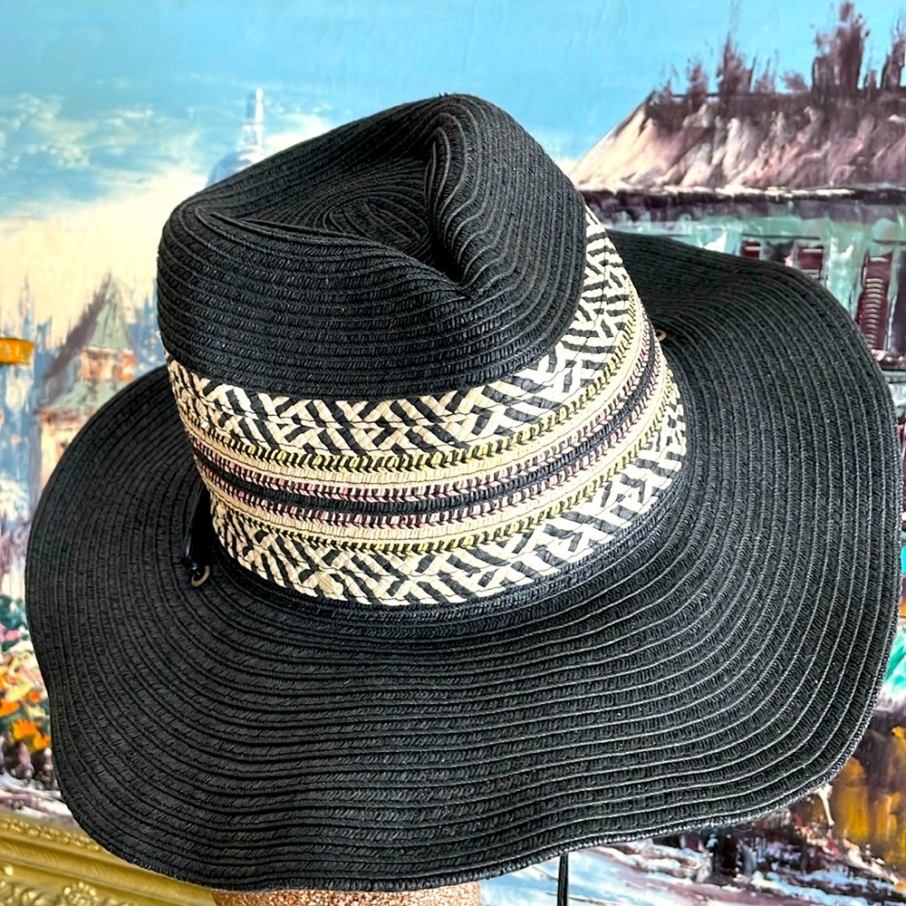 Broner New Wired Brim Bohemian Motif Black Straw Hat Chin Strap One Size